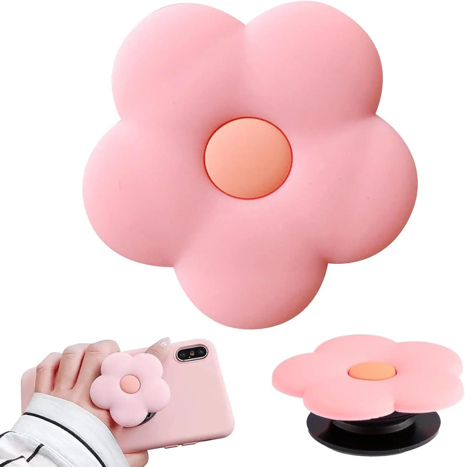 Phone Ring Holder, Pink Daisy Silicone Mobile Phone Grip Stand, Universal Cute 2d Flower Cell Phone Holder, Collapsible Expandable Cell Phone Accessory for Phones and Tablets Smartphone Cellphone