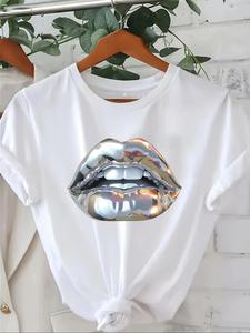 Women's Lip Print Round Neck Tee, Fashion Casual Crew Neck T-shirt for Daily Holiday Vacation Outdoor Wear, Ladies Clothes for Summer, Top, Graphic Tees, Streetwear Women, Womenswear, Crewneck Tshirt