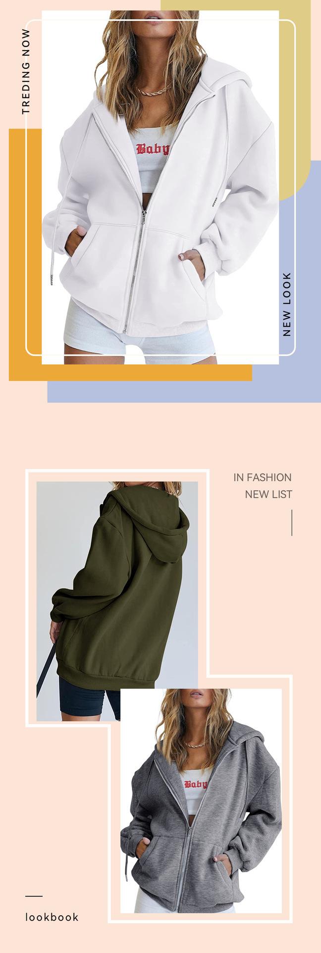 Product Introduction of Fashion Gray Zip Up Sweatshirt Women Autumn Winter Jacket Clothes Hoodies Daily Pockets Long Sleeve Solid Versatile Lady Hoodies 6
