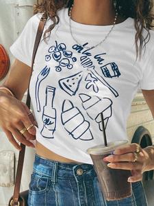 Women's Cartoon Food Print Round Neck Tee, Vintage Trendy Casual Short Sleeve T-shirt for Daily Wear, Ladies All Seasons Clothing