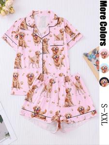 Women's Dog Print Shirt & Elastic Waist Shorts Pyjama Two-piece Set, Casual Comfy Short Sleeve Top & Shorts Pj Set, Ladies Sleepwear for All Seasons Pajamas