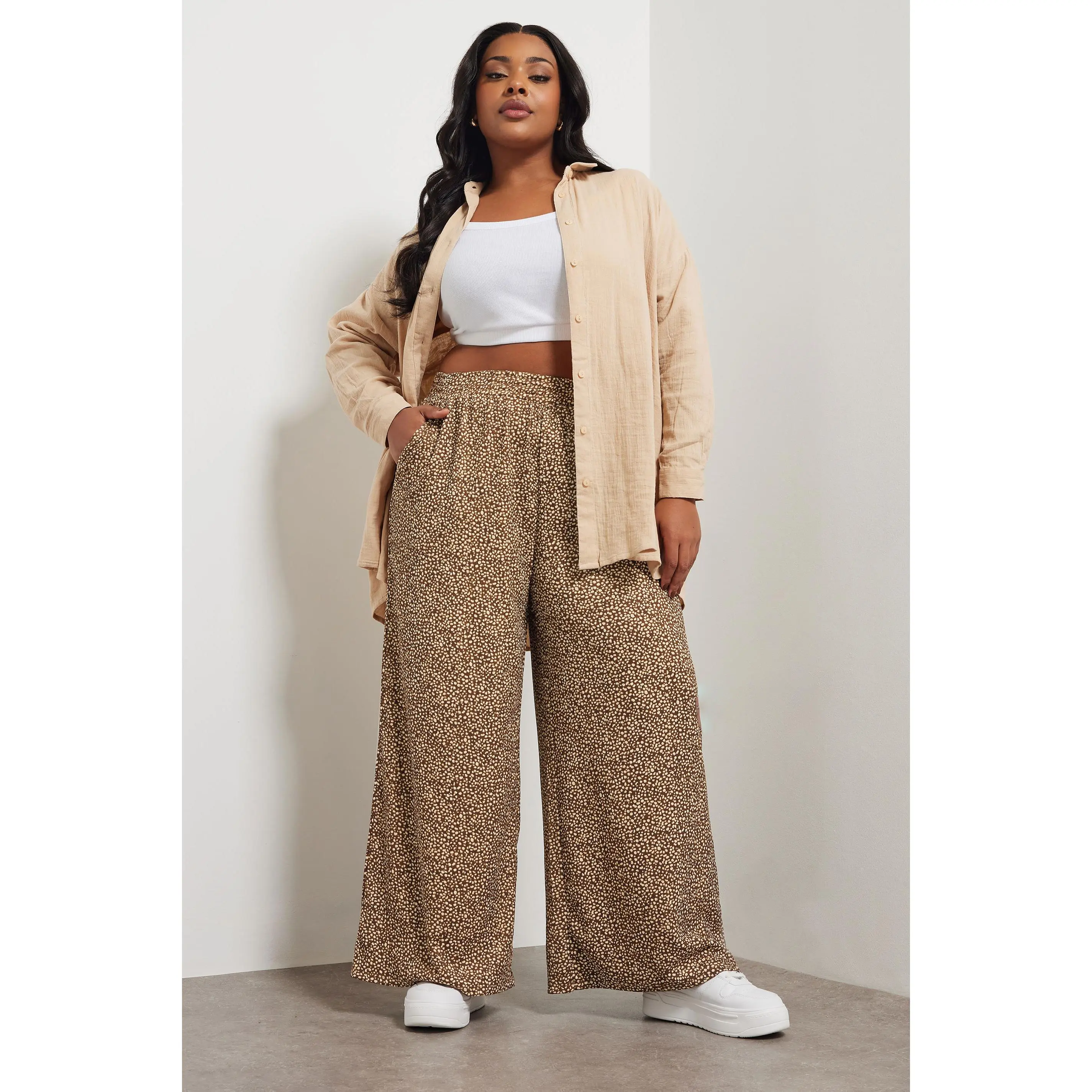 YOURS Curve Brown Abstract Spot Print Textured Wide Leg Trousers