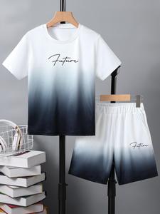 Boy's Ombre Letter Print Short Sleeve T-Shirt Tee & Elastic Waist Shorts Set, Summer Outfits 2025, Casual Summer Outfits Clothes for Kids Daily Wear Holiday