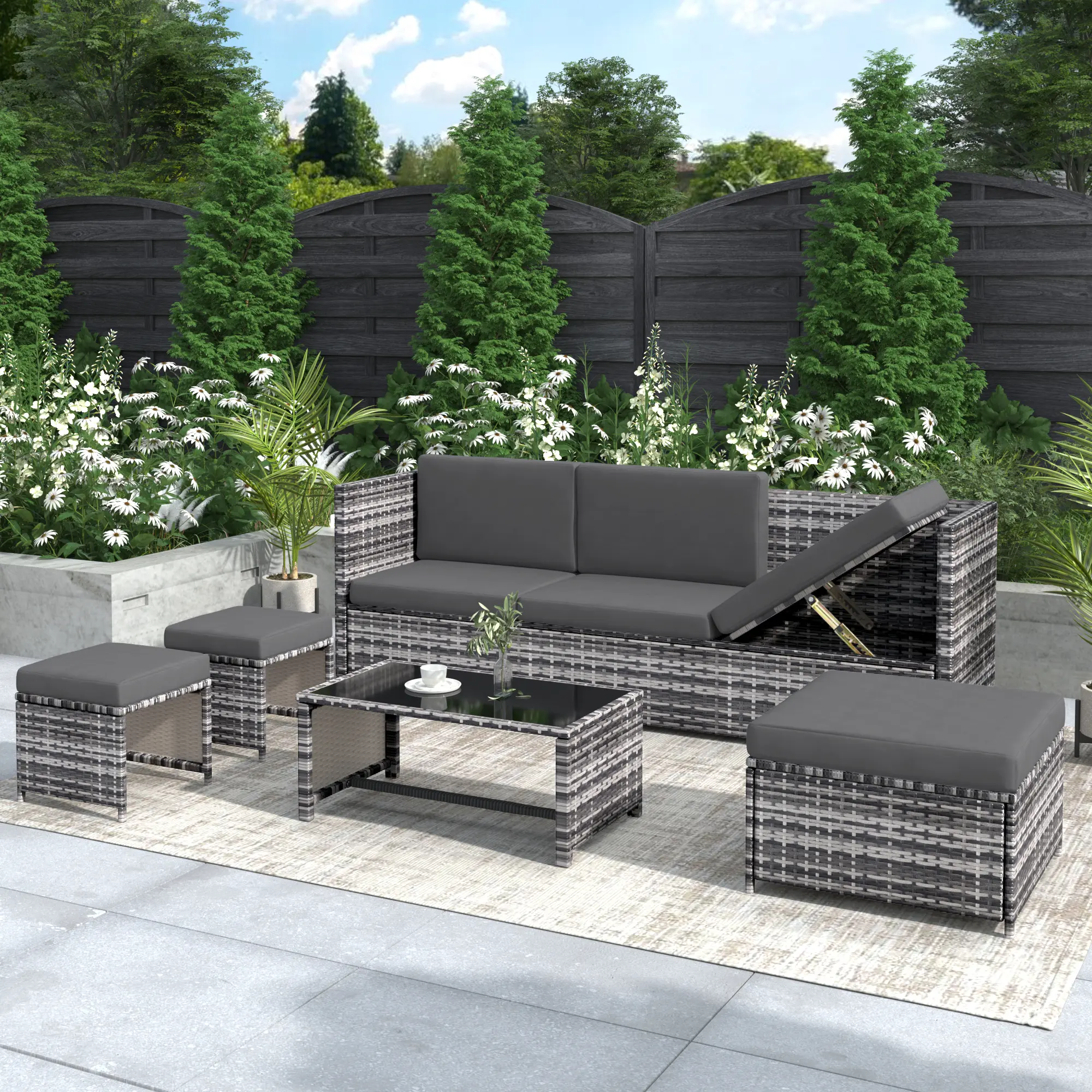 4-Piece Rattan Garden Furniture Set – Grey Outdoor Lounge Sofa with Cushions, Weather-Resistant Patio Seating Group for Balcony, Terrace or Backyard