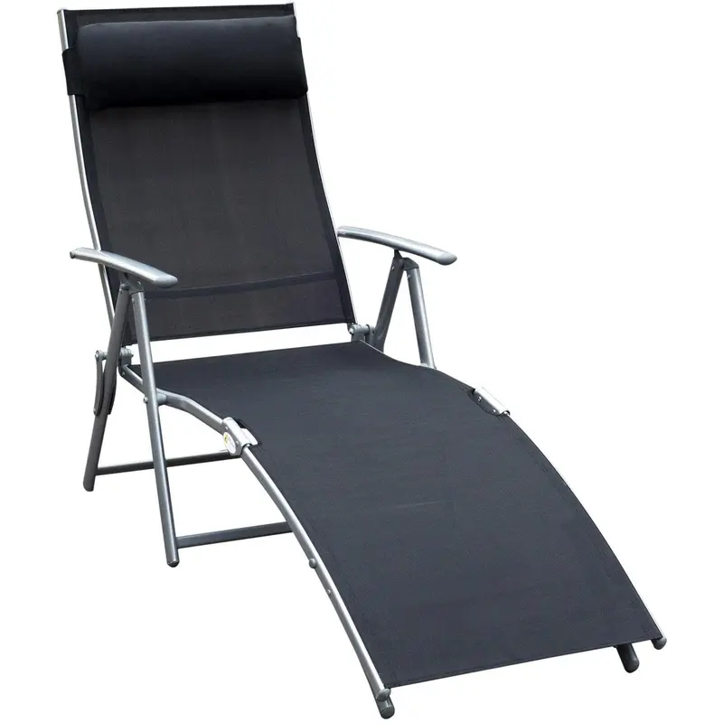 Black Folding Reclining Garden Sun Lounger With Arms and Pillow for Outdoor Relaxation 8
