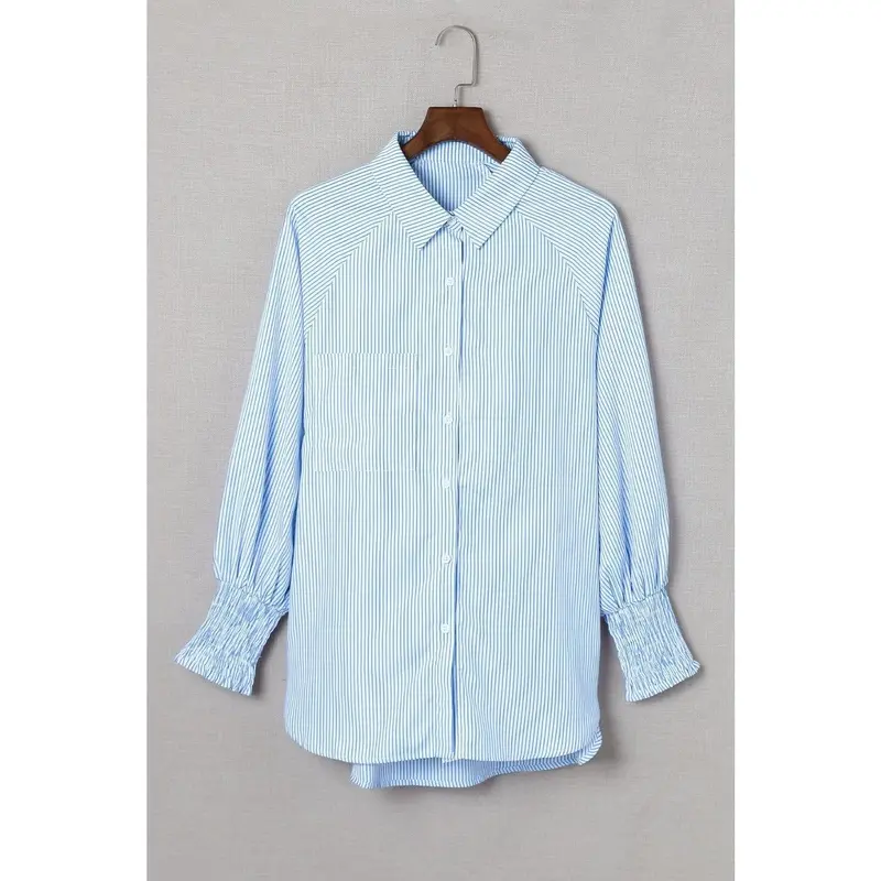 Womens Smocked Cuffed Striped Boyfriend Shirt Casual Collar Long Sleeve Oversized Button Down Blouse Tops with Pocket Shirred 5