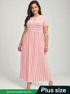 【Plus Size】 Striped Print Pocket Round Neck Tee Dress, Summer Clothes, Casual Short Sleeve Long Dress for Summer, Sundress Maxi Dress, Women's Clothing for Daily Wear, Elegant Plus Size, Womenswear, Shortsleeve Dresses for Summer