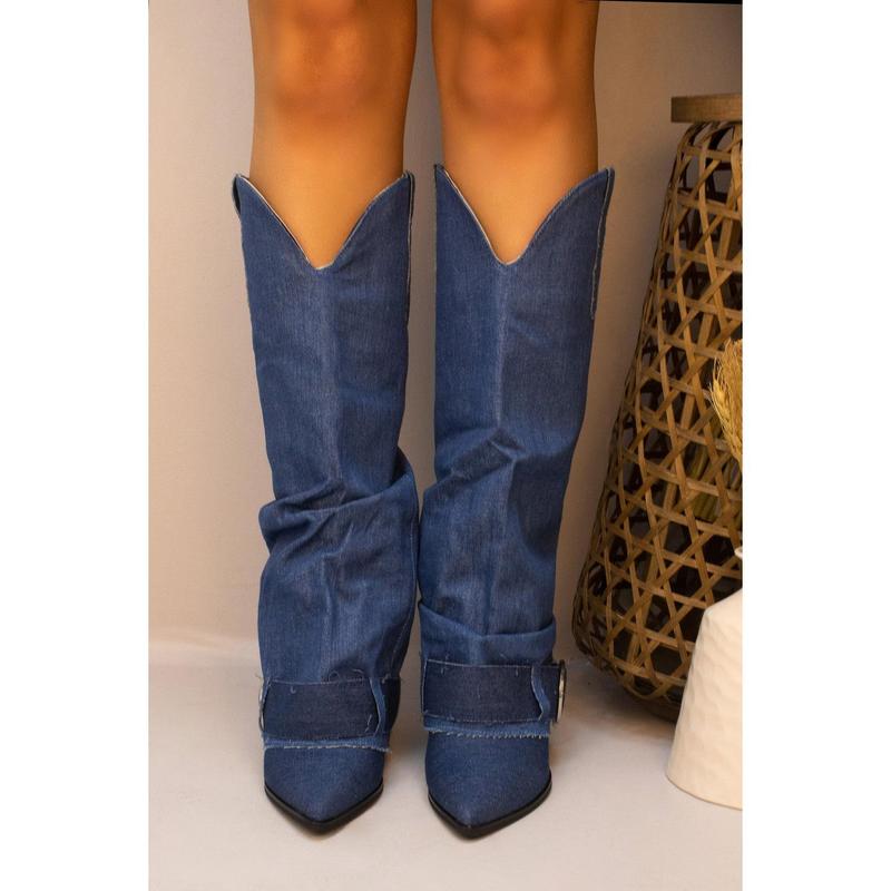 Denim Blue Fold Over Knee High Buckle Western Boots Girl Walking Shoes 2