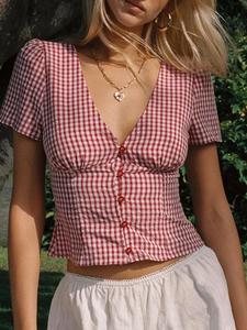 Women's Plaid Print V Neck Short Sleeve Button Front Crop Blouse, Curved Hem Top for Summer, Fashion Women's Top for Daily Wear, Summer Tops, Womenswear, Shortsleeve, Crop Top, Vintage Tops, Casual Style Shirt, Casual Fitted Top