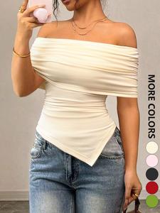Women's Plain Off The Shoulder Tee, Casual T-shirt for Summer, Minimalist Women's Top for Daily Wear, Casual Trendy Tee