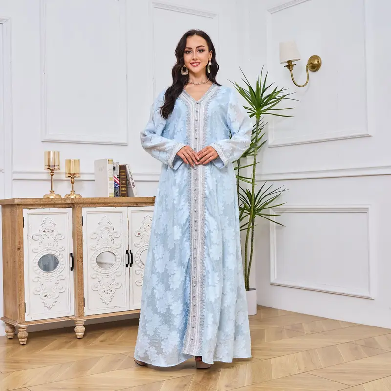 2025V Collar Temperament Dress Middle East Jacquard Rhinestone Silver Lace Robe Abaya 7
