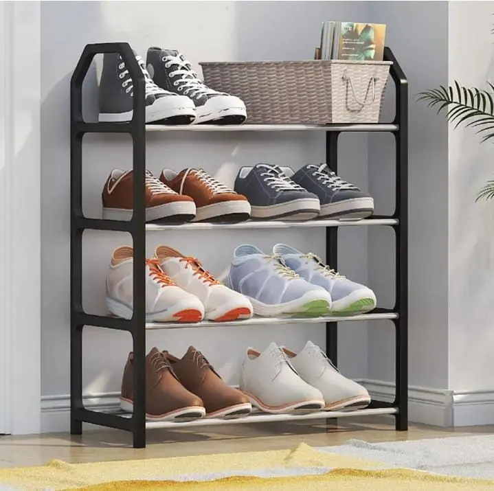 4-Tier Shoe Rack, Shoe Storage Organizer Wooden , Space-Saving Shoe Shelf for Boots, Heels, Sneakers, Flats - Dustproof Fabric Shelves for Entryway or Closet Storage Holders & Racks Kitchen Adjustable Boxes Decor Decorative Hanging Installation Steel Wall