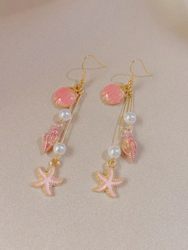 1 Pair Pink Shell & Conch Dangle Earrings for Teenage Girls – Beach Vacation Style with Faux Pearls, Cute Summer Jewellery for Holidays & Daily Wear 5