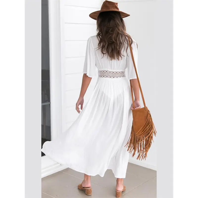 2025 Summer Bikini Cover-ups Women Bohemian Beach Long Dress Short Sleeve Lace Hollow Out Cardigan Swimwear Cover Ups Beachwear 3