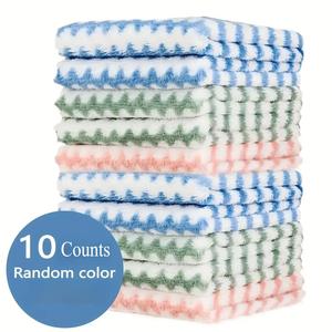 Random Color Dish Cloth (10pcs), Wavy Striped Pattern Thickened Double-sided Dish Towel, Soft Absorbent Cleaning Cloths for Home Kitchen