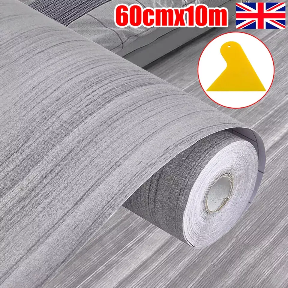 ONCETRY Kitchen & Bathroom Lino Grey Wood Effect Waterproof Vinyl Flooring Roll Deco 10m - Removable and Self-Adhesive
