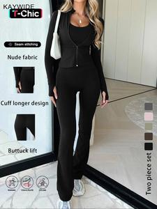 Women's Casual Sporty Slim-Fit Two-Piece Set, Plain Pattern Crop Top & Pants, Thin Fabric Fall, Comfortable Daily Wear, Streetwear Tracksuit Set