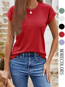 Women's Plain Eyelet Embroidery Batwing Sleeve Blouse, Casual Round Neck Short Sleeve Top for Summer, Women's Clothing for Daily Wear, Summer Outfits 2024