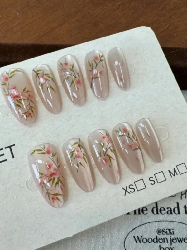 10pcs Pink Cat Eye Almond Press-On Nails – Floral & Leaf Nail Art Design 1