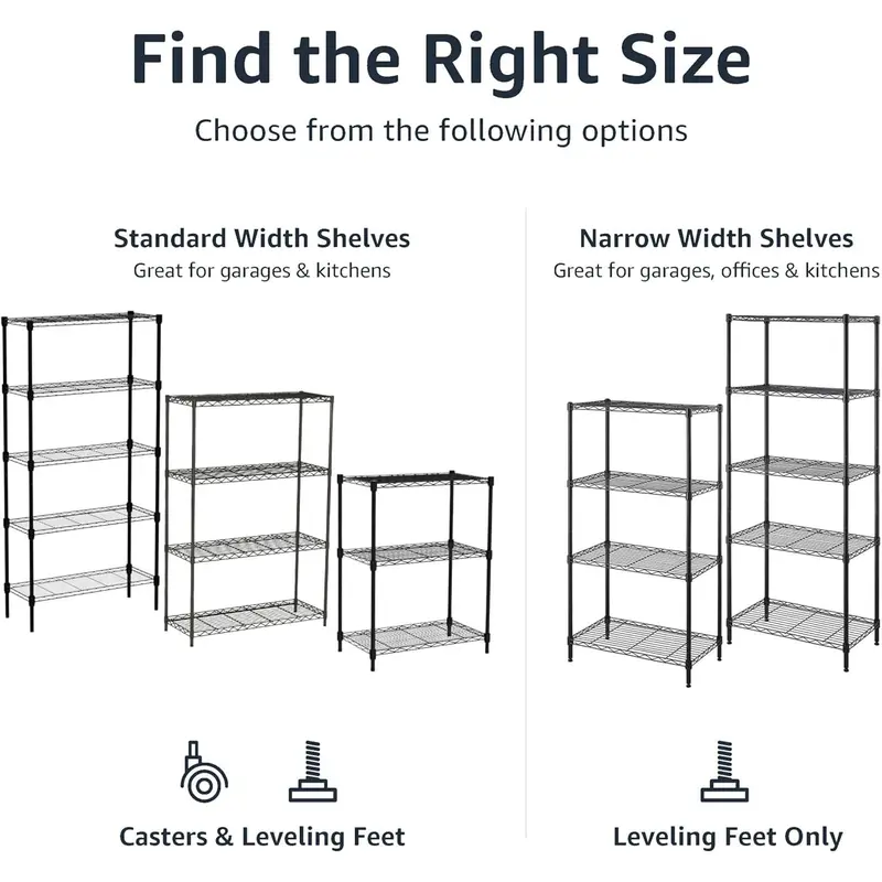 Basics 4-Shelf Storage Unit With Height Adjustable Shelves and Levelling Feet, 640 kg Max Weight, Black, 35.6 cm D x 91.4 cm W x 137.1 cm H Organiser Racks 4