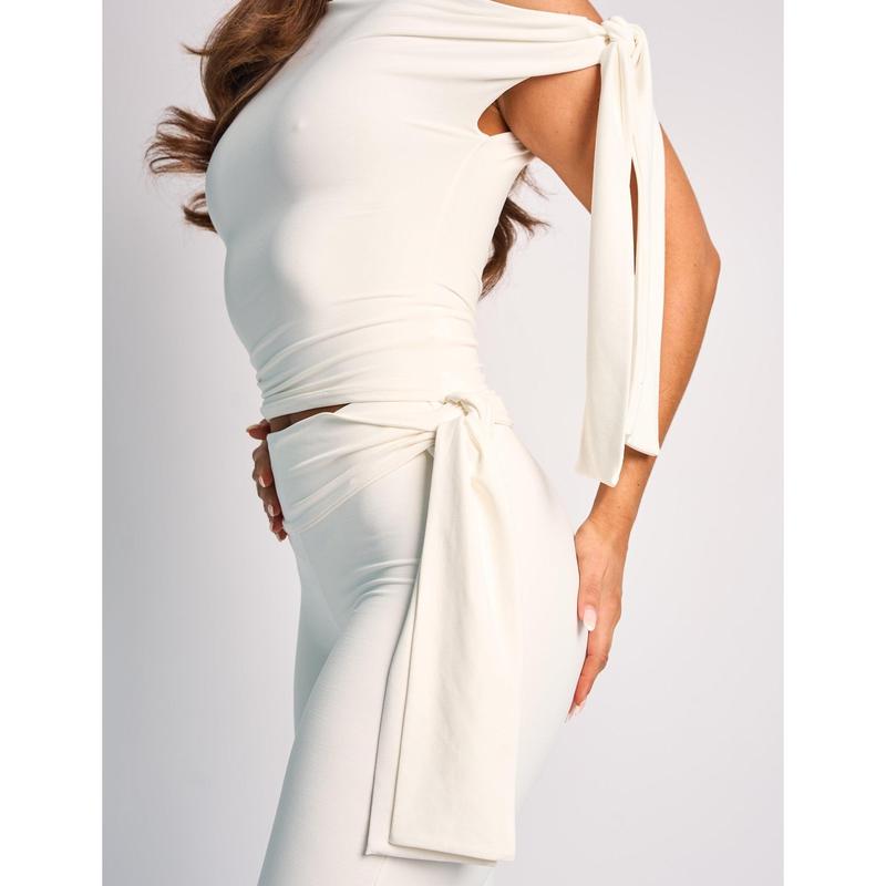 Knot Detail Tie Side Luxe Slinky Capri Pants White 3