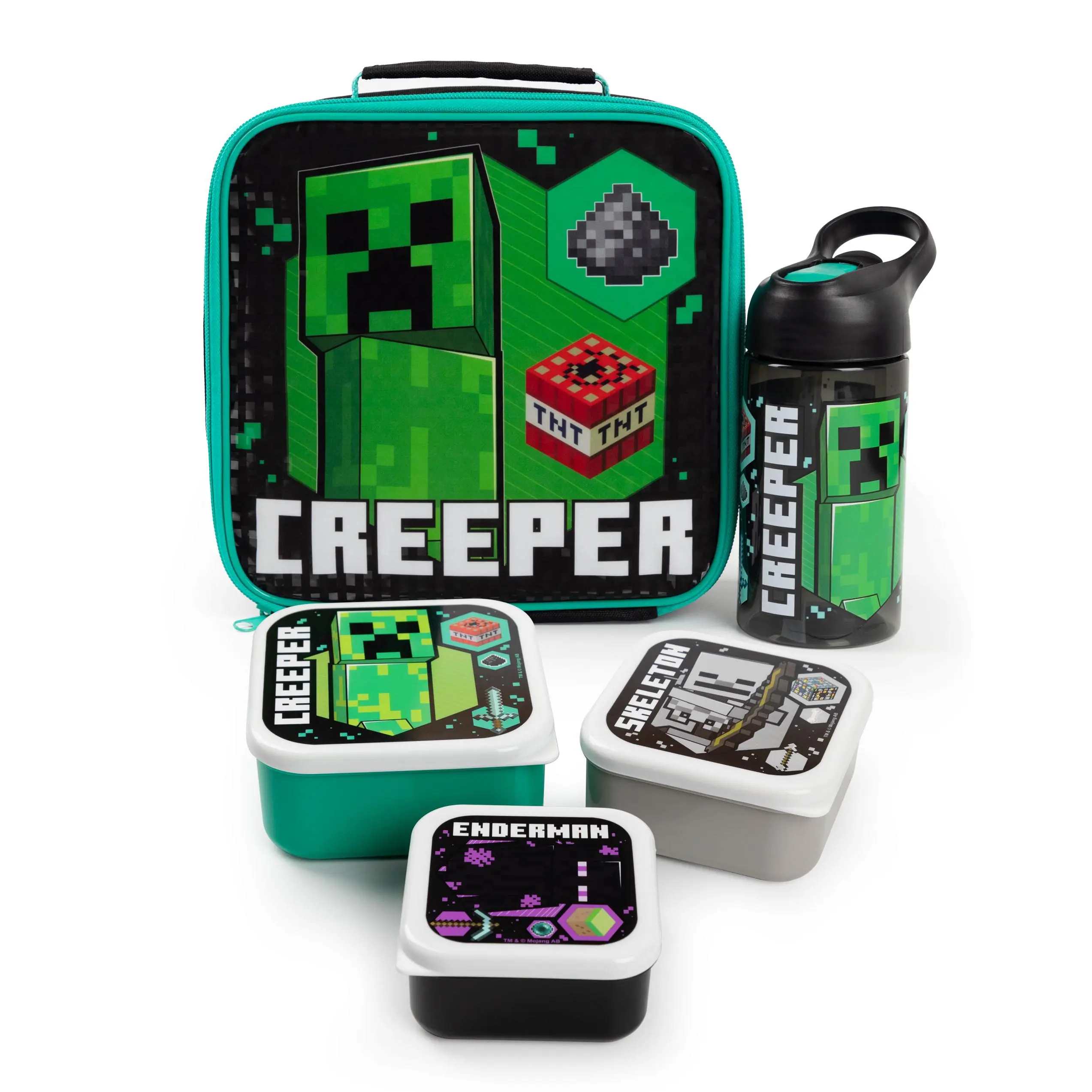 Vanilla Underground x Minecraft Unisex Kids Black Multi-Character Placement Prints Lunch Bag Bottle and 3 Snack Pot