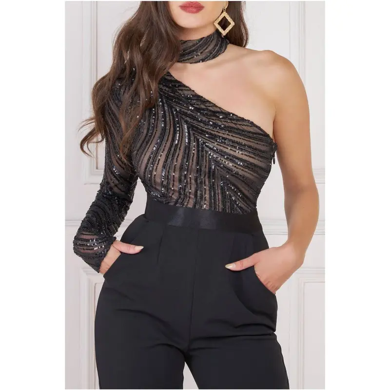 Goddiva One Shoulder Sequin Jumpsuit - Black 2
