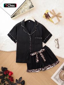 Women's Leopard & All Over Print Button Pajama Set, Casua Comfy Short Sleeve Top & Shorts Pj Set, Ladies Summer Sleepwear, Sleepwear Loungewear