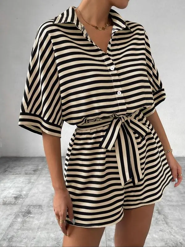 Women's Striped Print Romper, Casual Belted Romper for Summer, Fashion Women's Clothes for Daily Wear 2