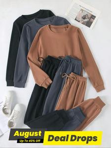 Women's Solid Color Longsleeves Top & Tie Front Elastic Waist Pants Set, Casual Round Neck Top & Trousers for Lady Spring & Fall, Women's Clothes for Daily Wear, Co Ords for Women, Minimalist Matching Sets for Women, Womenswear