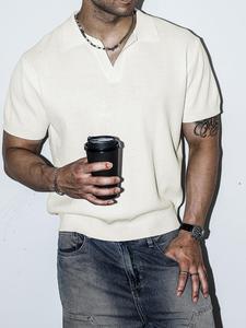 Men's Solid Color V Neck Polo Shirt, Regular Fit Casual Breathable Short Sleeve Top for Summer, Fashion Men's Clothes for Daily Wear, Gamis