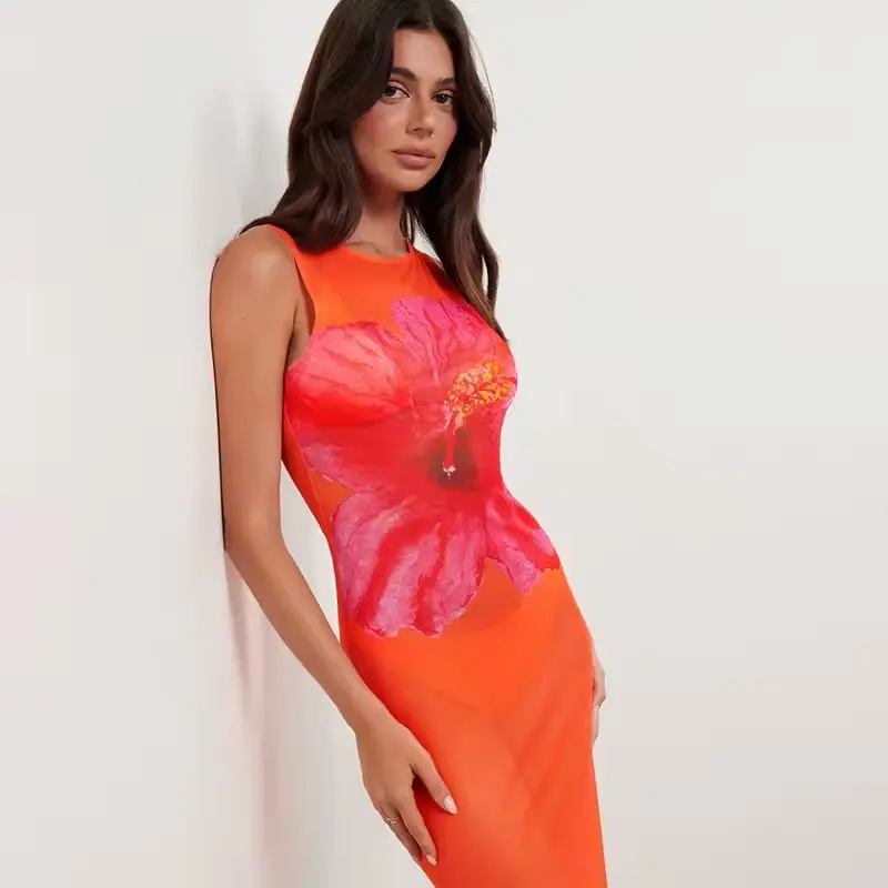 Women's Printed Perspective Mesh Party Sexy Backless Bodycon Elegant Midi Long Dress for Summer - Womenswear, Formal Comfort Workwear Basic Minimalist Sleeveless 4