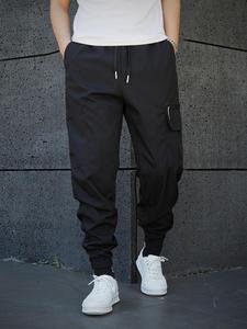 Men's Regular Fit Fitted Pocket Drawstring Cargo Pants, Zipper Decor Flap Pocket Utility Trousers, Big Pockets Long Pants, Casual Loose Jogger Pants, Men's Trousers for Spring & Fall