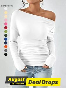 Women's Plain Ruched Asymmetrical Neck Minimalist Tee, Casual Style Fashion Drop Shoulder Long Sleeve T-shirt for Spring & Fall, Women's Top for Dating Daily Wear, Womenswear, Tshirt
