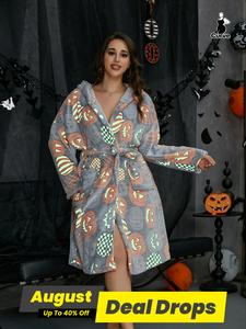 【Plus Size】 Halloween Themed Cartoon Pumpkin Print Glow In The Dark Belted Hooded Lounge Robe, Casual Long Sleeve Pocket Design Dressing Gown, Women's Fluffy Pajamas for Fall & Winter, Nightwear