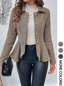 Women's Gingham Print Ruffle Hem Button Front Jacket, Casual Long Sleeve Collared Outerwear for Spring & Fall, Ladies Clothes for Daily Wear