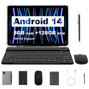 10.1 Inch Android 14 Tablet, 8GB RAM 128GB ROM Tablet with Standable Case & Bluetooth-compatible Keyboard Mouse Set, Dual Camera Tablet for Home Office, Smart, Wireless