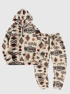 Men's Ethnic Pattern Zip Up Hoodie & Pants Two-Piece Set, Casual Long Sleeve Hooded Sweatshirt & Trousers for Fall & Winter, Men's Two-piece Outfits for Daily Wear