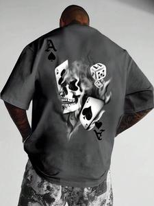 【Plus Size】 Skull & Playing Card Print Short Sleeve Tee, Casual Comfy Regular Fit T-shirt for Summer, Men's Plus Size Top for Daily Wear, Tropical