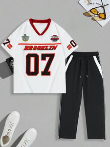 Men's Letter & Figure Print Short Sleeve Tee & Pants Set, Casual Round Neck T-shirt & Trousers, Summer Clothes Set for Men