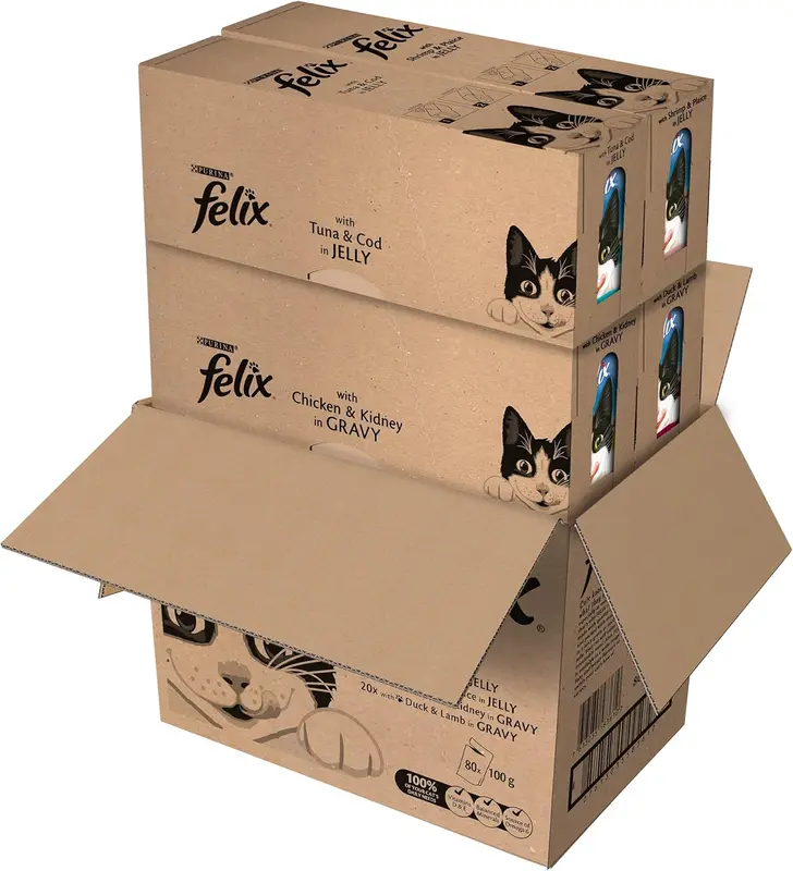 FELIX Mixed Selection in Jelly Wet Cat Food 100g x 80 Pouches – Delicious Variety of Meat and Fish Meals for Adult Cats 1