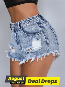 Women's Plain Denim Shorts, Casual Pocket Ripped Short Jeans for Summer, Fashion Women's Bottoms for Daily Wear, Womenswear, Lady Distressed Denim Shorts, Frayed Hem Shorts, Casual Comfy Shorts, Denim Wash Shorts