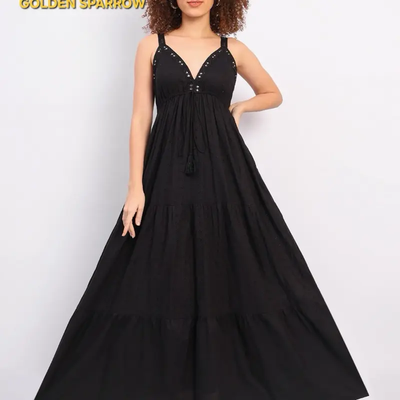 Boho Summer Dress for Women and Girls with Side Pockets - Casual Style - Womenswear Cotton Soft Comfortable Black Breathable 0