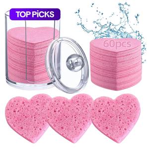 Disposable Face Sponge with Storage Box, 60pcs/set Heart Shaped Compressed Face Sponge, Facial Skin Care Tool for Women & MenFacial Cleaning Puff, Facial Cleansing Pads
