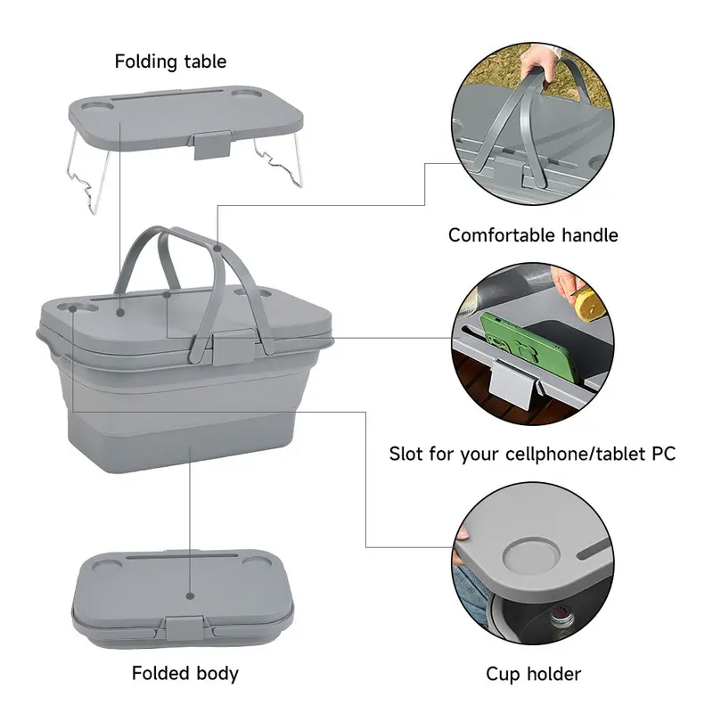 Collapsible Folding Picnic Basket W/Table Lid Caravan Camping Travel Storage Box  UK 5