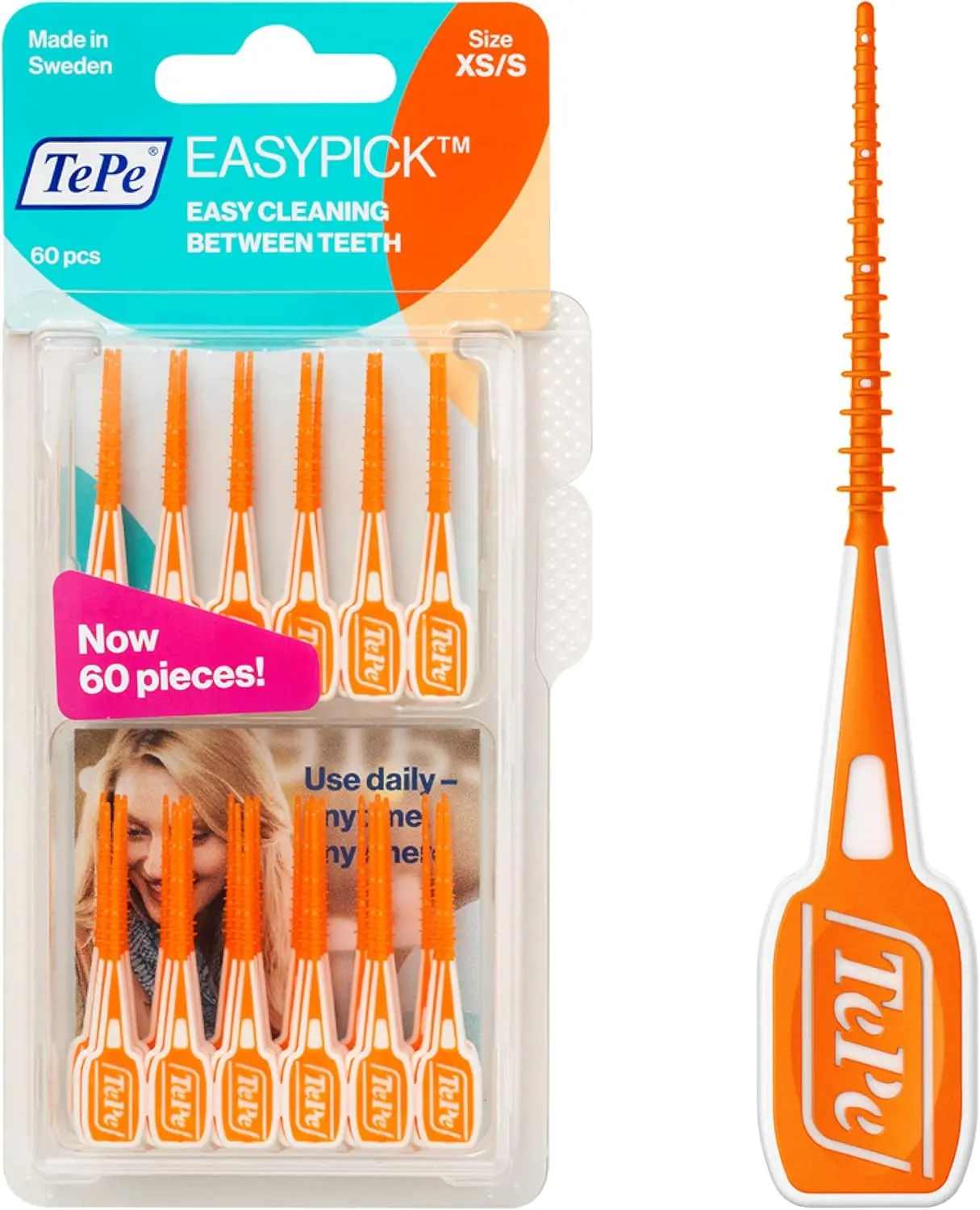 TePe EasyPick Toothpicks, Orange, ISO XS-S, 60pcs - Efficient Dental Plaque Removal Tool for Narrow Gaps - Floss, Oral