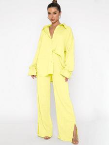 Two-Piece Set Women's Tie Cuff Long Sleeve Button Down Shirt and Split Wide Leg Pants Set, Co-ord Sets, Two Piece Sets, 2 Piece Set Women, Casual Solid Button Up Shirt Blouse with Trousers, Spring & Fall Clothes Set for Daily Wear