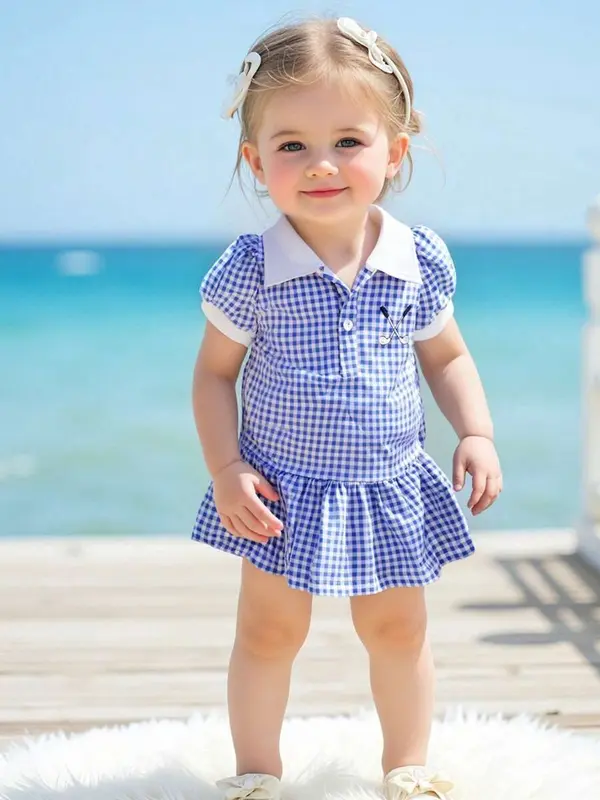 【Buy 1 with free gift】 Toddler Girl Summer Plaid Dress Lapel Short Sleeves Golf Club Embroidery A Line Dress 5