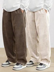 Men's Solid Drawstring Waist Corduroy Pants, Casual Comfy Pocket Straight Leg Trousers for Fall & Winter, Men's Bottoms for Daily Wear