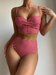 Summer 2024 Women's Plaid Print Bikini Set, Adjustable Strap Push Up Bikini Top & High Waist Swim Bottom Set, Ladies Summer Beach Holiday Vacation Swimsuit Sets, Tummy Control Swimwear for Women, Swimsuit for Women, Bathing Suits, Beach Holiday Essential